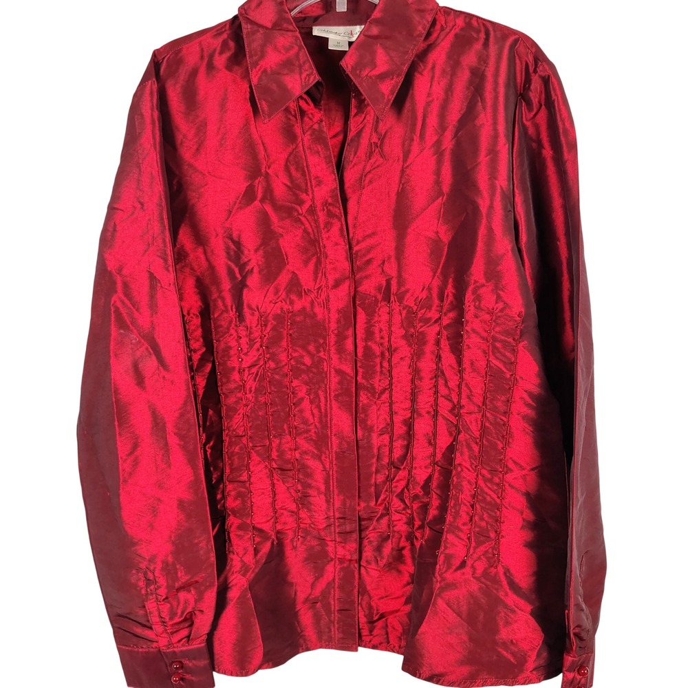 Coldwater Creek Womens M Beaded Pintuck Blouse Red Taffeta Holiday Party Elegant